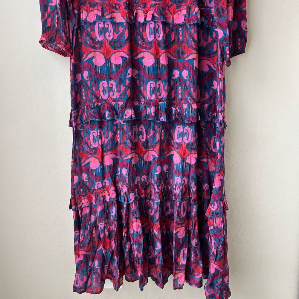 Oliphant Kazak Mock Neck Multicolor Print Tiered Long Sleeve Maxi Dress Size M - Picture 5 of 11